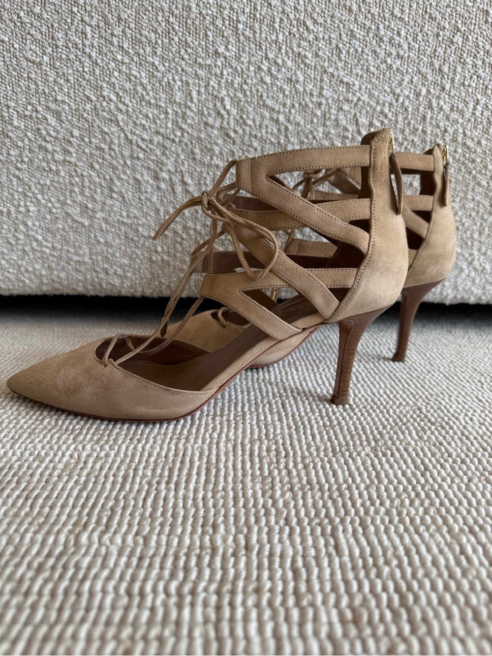 Suede Lace-Up Pointed-Toe Heels in Beige